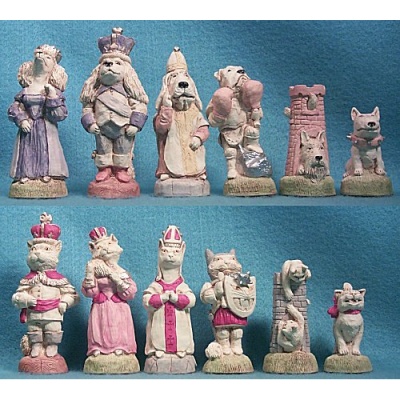 Cats and Dogs Hand Decorated Crushed Stone Chess Pieces