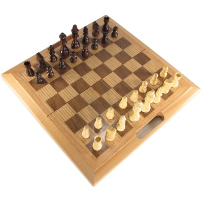16" Folding Oak Chess, Checkers, and Backgammon Set
