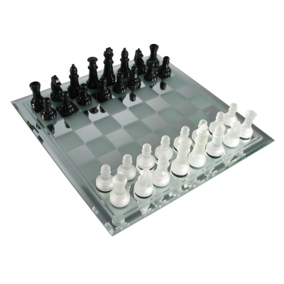 Black and Frosted Glass Chess Set with Mirror Board