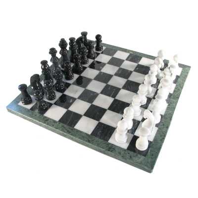 16'' Marble Chess Set - Black and White with Green Border