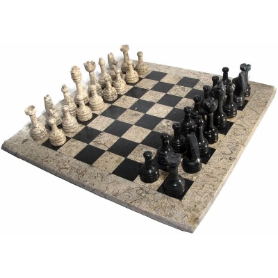 16" Black and Coral Marble Chess Set with Coral Border