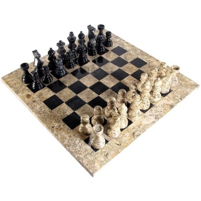 16" Deluxe European Black and Coral Marble Chess Set with Coral Border