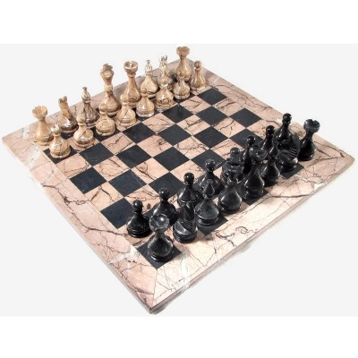 16" Black and Marina Marble Chess Set with Marina Border