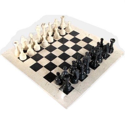 16" Black and Boticino Marble Chess Set with Botocino Border