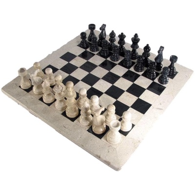 16" Deluxe European Black and Boticino Marble Chess Set with Botticino Border