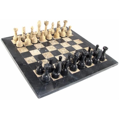16" Coral and Black Marble Chess Set with Black Border
