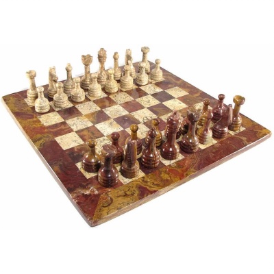 16" Coral and Red Marble Chess Set with Red Border