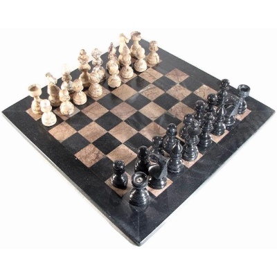 16" Deluxe European Marina and Black Marble Chess Set with Black Border