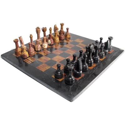 16" Red and Black Marble Chess Set with Black Border