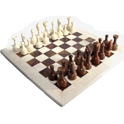 16" Red and Botocino Marble Chess Set with Botocino Border