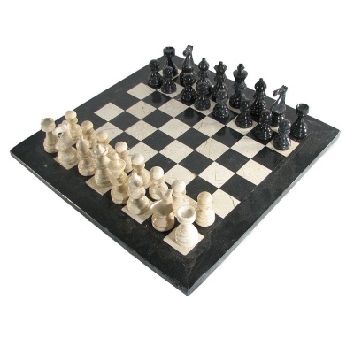 16" Deluxe European Boticino and Black Marble Chess Set with Black Border