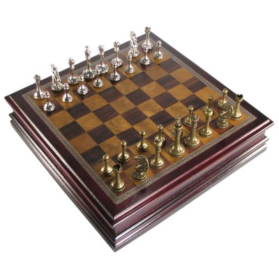 Antique Pewter Staunton Chess Set with Cherry Finish Storage Box