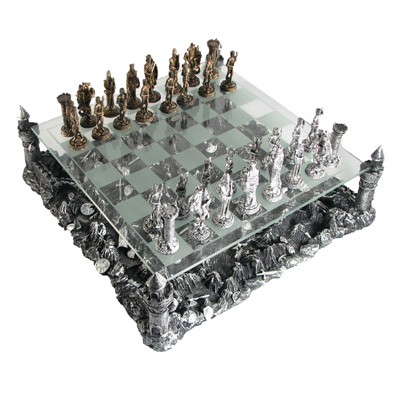 Pewter and Glass Medieval Knights Chess Set