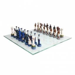 15" Air Force vs Marines Polystone Chess Set with Glass Chess Board