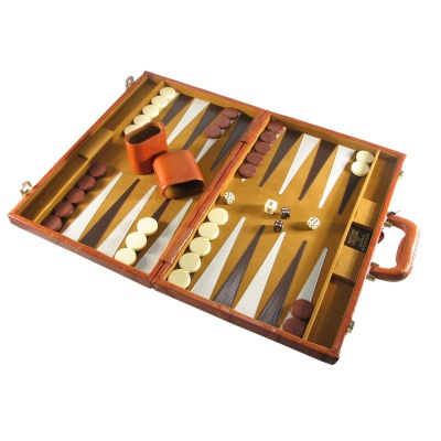 18'' Genuine Brown Leather Strips Attache Backgammon Set