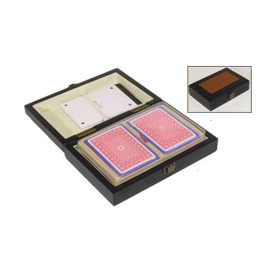 Bridge Set in Wood Case with Leatherette Top with 2-Deck Bridge Cards