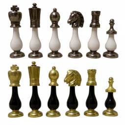 4" Italian Solid Wood and Metal Ornate Staunton Chess Pieces, Black and White
