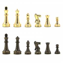 BRASS METAL Black Chrome & Black W/ Wood Inserts Staunton Chess Men Set NO BOARD 