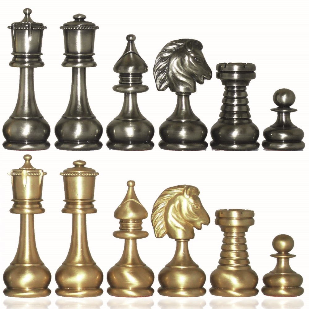 Staunton Inspired Brass Metal Luxury Chess Pieces & Board Set