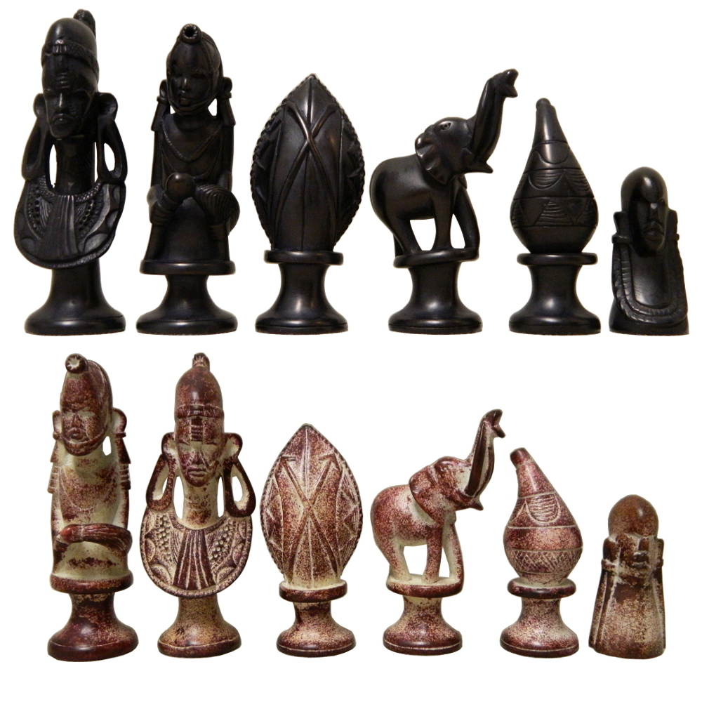 Black Red Soapstone African Tribe Chess Pieces