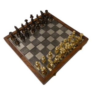 brass chess set with folding board