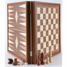 15" Olive Branch Design Walnut Chess, Checkers, & Backgammon Set