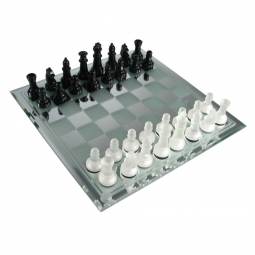 15" Black and Frosted Glass Chess Set with Mirror Board