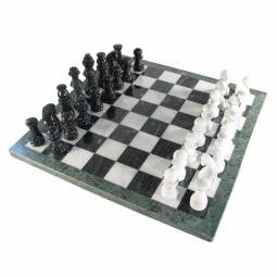 18" Large Black & White Marble Chess Set w/ Green Border