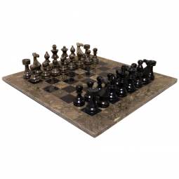 16" Black and Fossil European Style Marble Chess Set