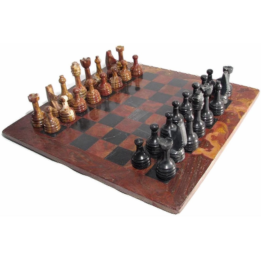 16 Black And Red Marble Chess Set With Border