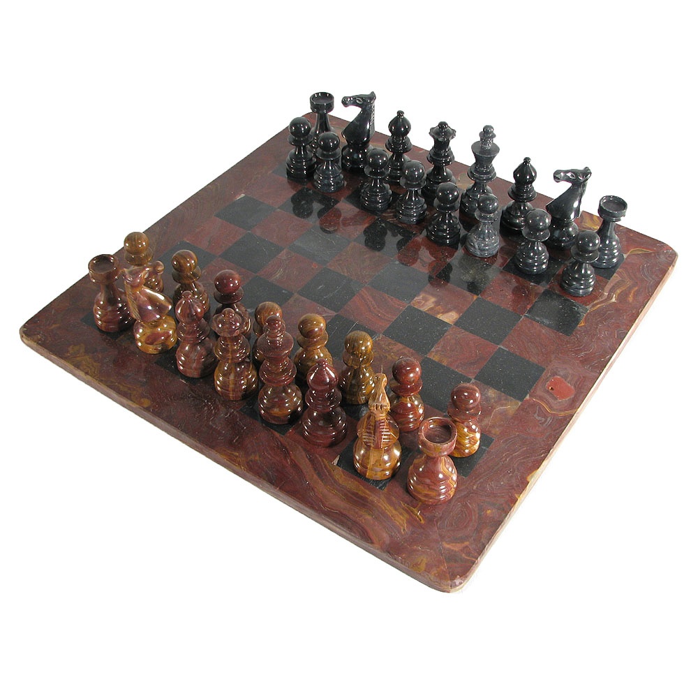 16 Deluxe European Red And Black Marble Chess Set With Border Hover To Zoom