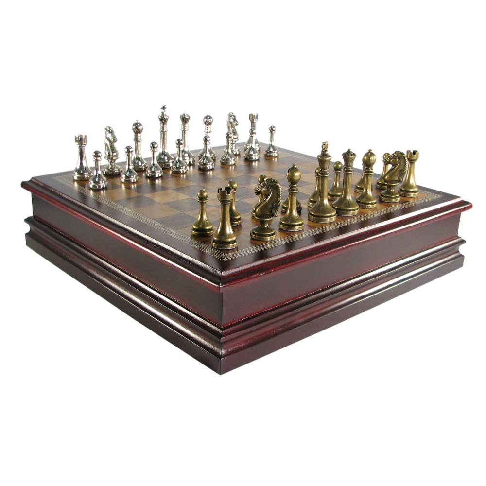Antique Pewter Finish Staunton Chess Set In Cherry Storage Box Antique Pewter Finish Staunton Chess Set In Cherry Storage Box