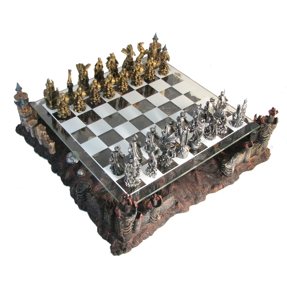 17" Medieval Fantasy Chess Game Set 3D Castle Platform Metal Pewter 3" King New 
