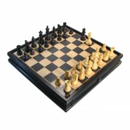 15" MoW Ebonized German Staunton Chess Set with Storage Drawer Chess Board