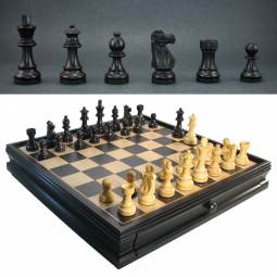 15" MoW Ebonized French Staunton Chess Set with Storage Drawer Chess Board