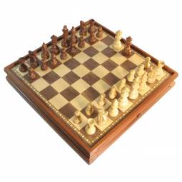 19" MoW Honey Rosewood French Staunton Chess Set with Storage Drawer Chess Board