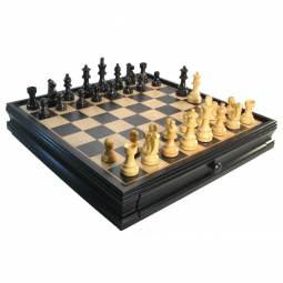 19" MoW Ebonized French Staunton Chess Set with Storage Drawer Chess Board