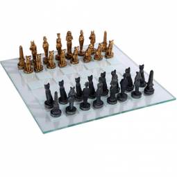 15" Black & Gold Egyptian Polystone Chess Set with Glass Chess Board
