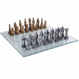 15" Egyptian vs Romans Polystone Chess Set with Glass Chess Board