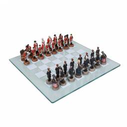 15" Hand Painted US Revolutionary War Polystone Chess Set with Glass Chess Board