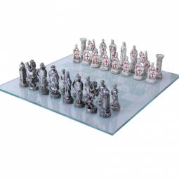 MEDIEVAL TIMES CRUSADES BUSTS PAINTED CHESS SET w MOSAIC DESIGN BOARD 14" KNIGHT 