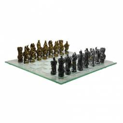 15" Medieval Fantasy Dragons Gold and Silver Polystone Chess Set with Glass Chess Board