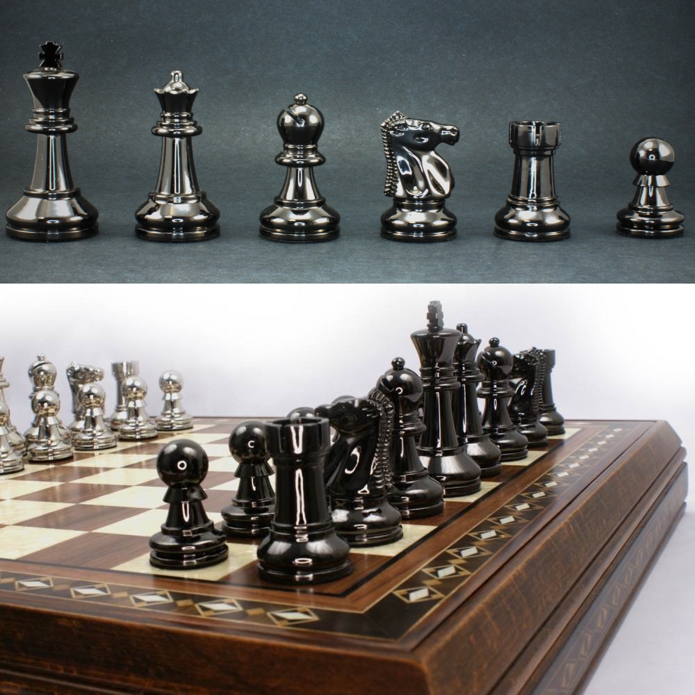 Luxury Large Chess Set With Metal Pieces Board Black + Silver