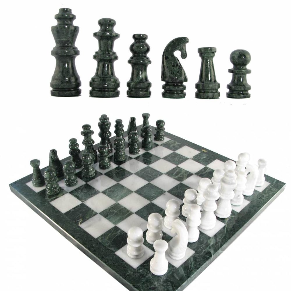 Large Marble Chess Set- Black and White Coral with Fancy Chess Pieces-  White Border- 16