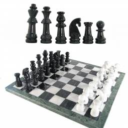 16'' Black and White Marble Chess Set with Green Border