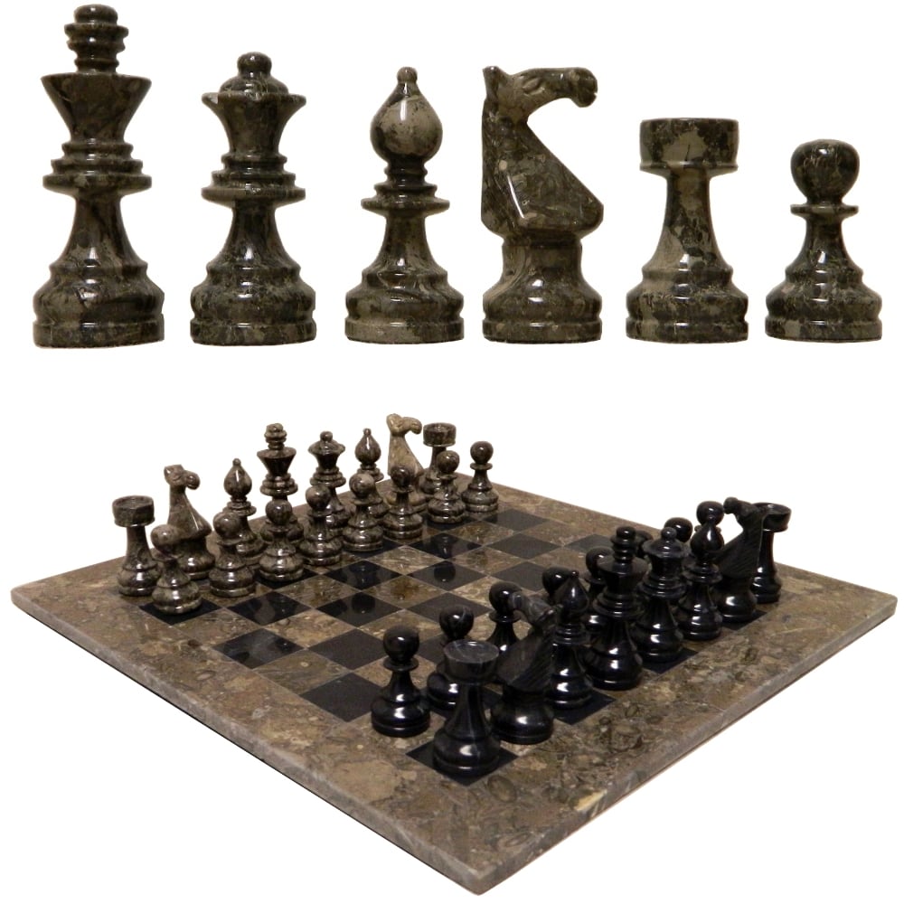 16 Black and Fossil European Style Marble Chess Set