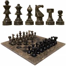 16" Black and Fossil European Style Marble Chess Set