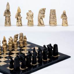 16" Black and Coral Egyptian Figurine Marble Chess Set