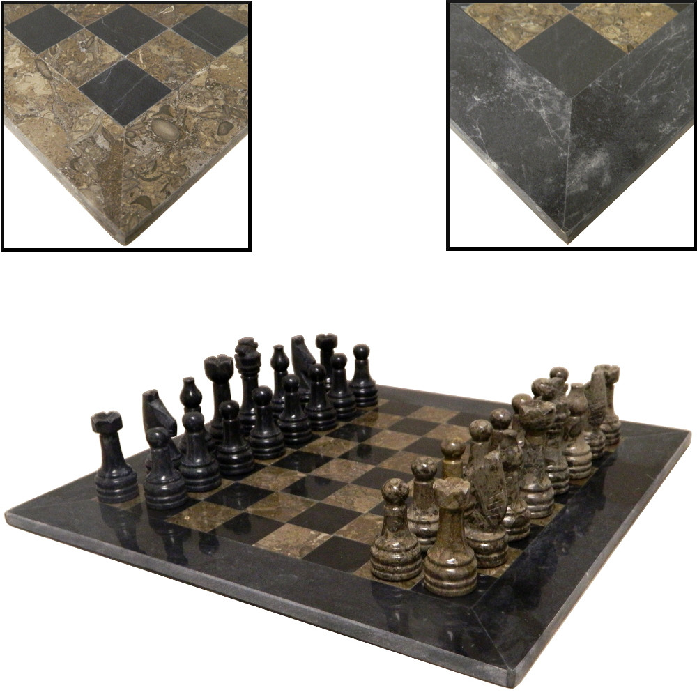 16" Black and Fossil Rustic Style Marble Chess Set